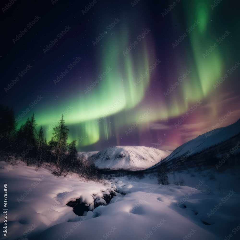 Aurora borealis in snowscape landscape, created using generative ai technology