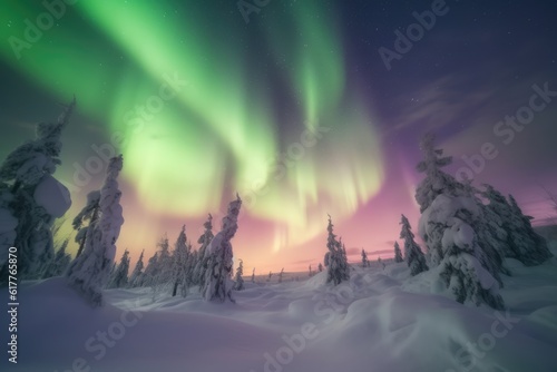 Aurora borealis in snowscape landscape  created using generative ai technology