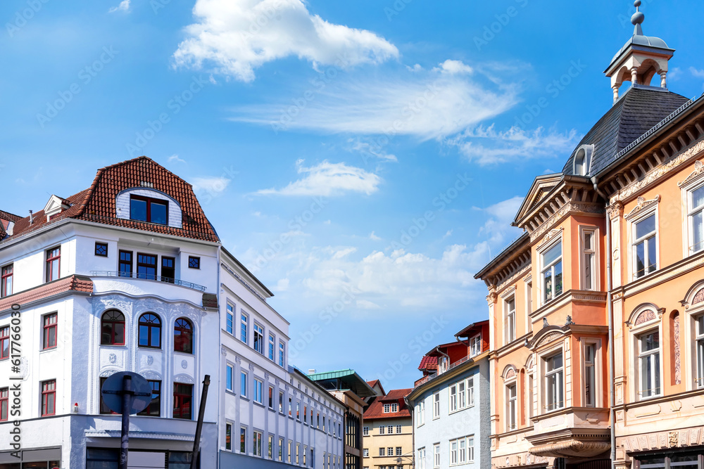 Eisenach, Thüringen, beautiful buildings in the old town on a sunny day with blue sky