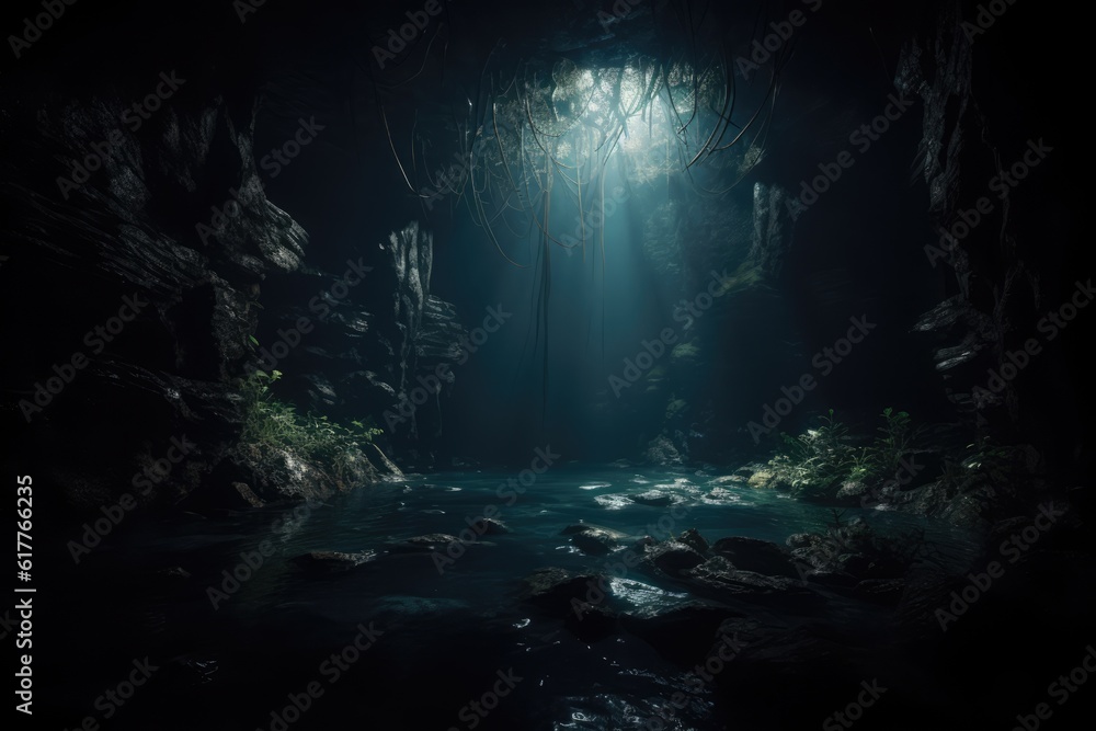 Rays of sunlight and plant life in underwater cave, created using generative ai technology