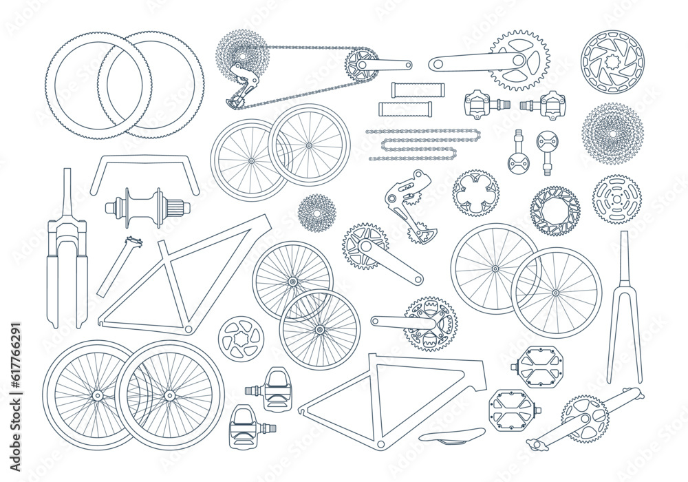 Scheme, set of bicycle parts, details, components in sketch line. Elements of a gravel, road, mtb bike. Fork, wheels, chain, frame, crankset, pedals. Isolated vector illustration in outline style