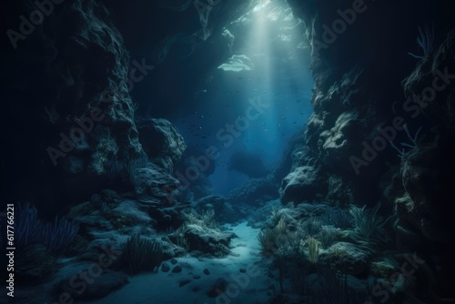 Rays of sunlight  fish and plant life in underwater cave  created using generative ai technology