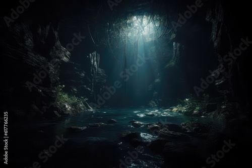 Rays of sunlight and plant life in underwater cave  created using generative ai technology