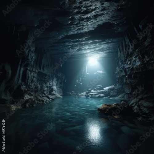 Rays of sunlight in underwater cave  created using generative ai technology