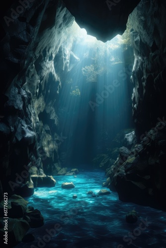 Rays of sunlight in underwater cave, created using generative ai technology