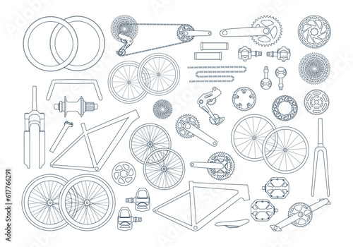 Scheme, set of bicycle parts, details, components in sketch line. Elements of a gravel, road, mtb bike. Fork, wheels, chain, frame, crankset, pedals. Isolated vector illustration in outline style