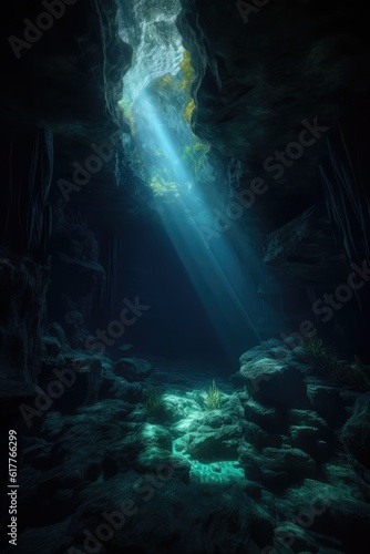 Rays of sunlight and plant life in underwater cave, created using generative ai technology © Future Vision
