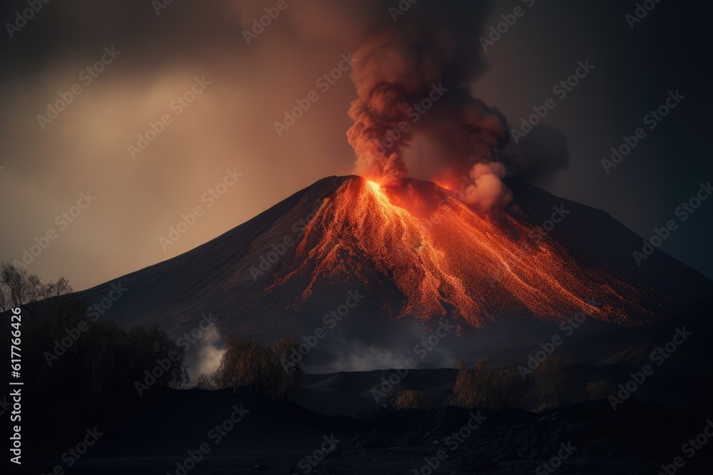 Active volcano erupting with smoke and lava at night, created using generative ai technology