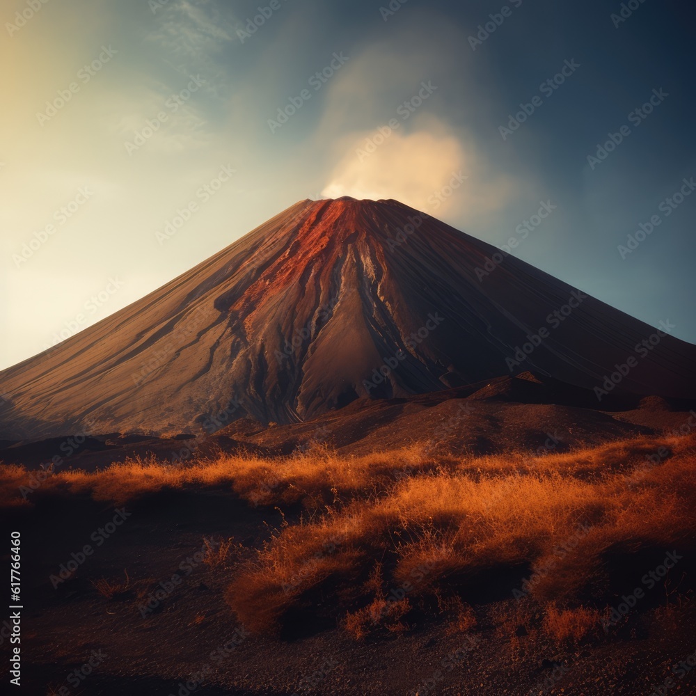 Fototapeta premium Active volcano erupting with smoke and lava during day, created using generative ai technology