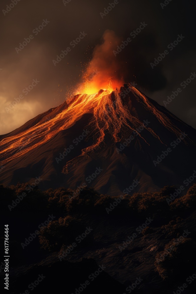 Active volcano erupting with smoke and lava at night, created using generative ai technology - obrazy, fototapety, plakaty 