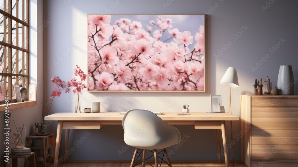 Obraz premium Poster mock up in home interior background, home office, Scandi-boho style,&nbsp;3d&nbsp;render. Created with generative ai.