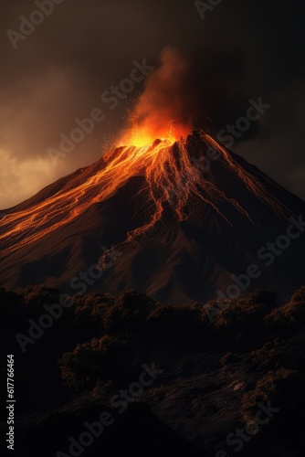 Slika na platnu Active volcano erupting with smoke and lava at night, created using generative a