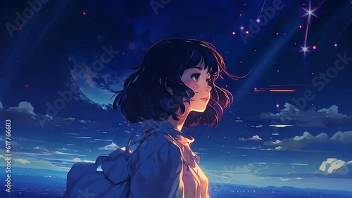 Lofi girl looking at the stars. Anime drawing of a woman looking at the night sky. Chill moody evening. Cute manga person listening to chill beats. Star gazing. Atmospheric sad young person in love.