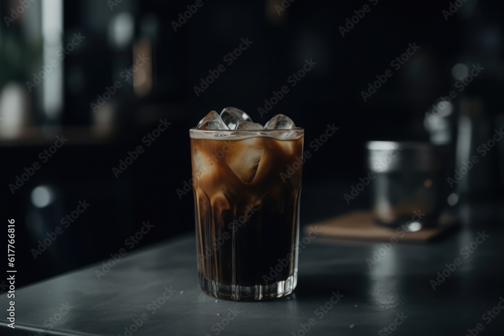 Glass of iced black coffee on dark background, created using generative ai technology Glass of iced black coffee on dark background, created using generative ai technology