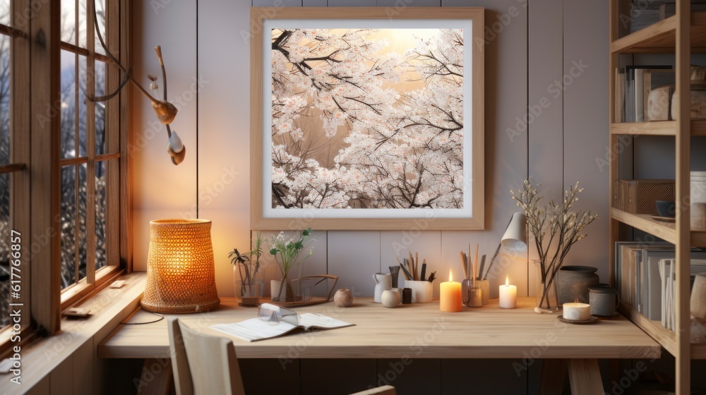 Fototapeta premium Poster mock up in home interior background, home office, Scandi-boho style,&nbsp;3d&nbsp;render. Created with generative ai.