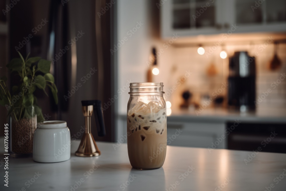 Glass of iced cafe latte on counter in kitchen, created using generative ai technology Glass of iced cafe latte on counter in kitchen, created using generative ai technology