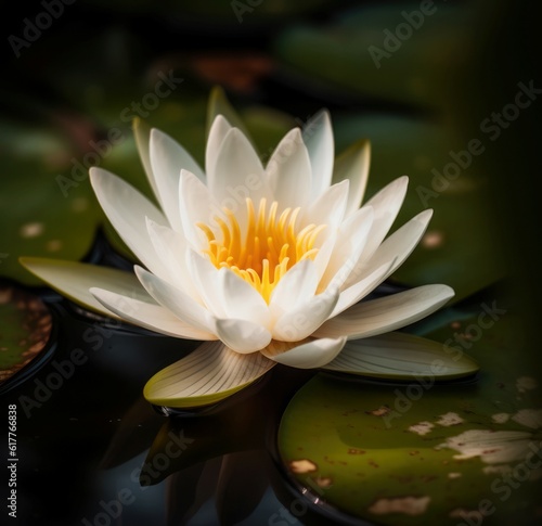 White and yellow lotus flower and leaves on dark water, created using generative ai technology