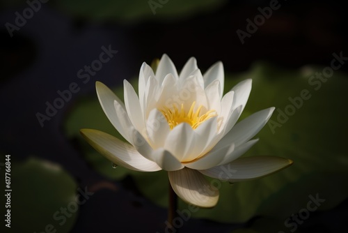 White and yellow lotus flower and leaves on dark water, created using generative ai technology