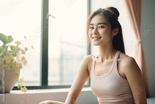 Free Download A Beautiful Athletic Asian Woman Does ABS Crunches. Generative AI - GFXLoad