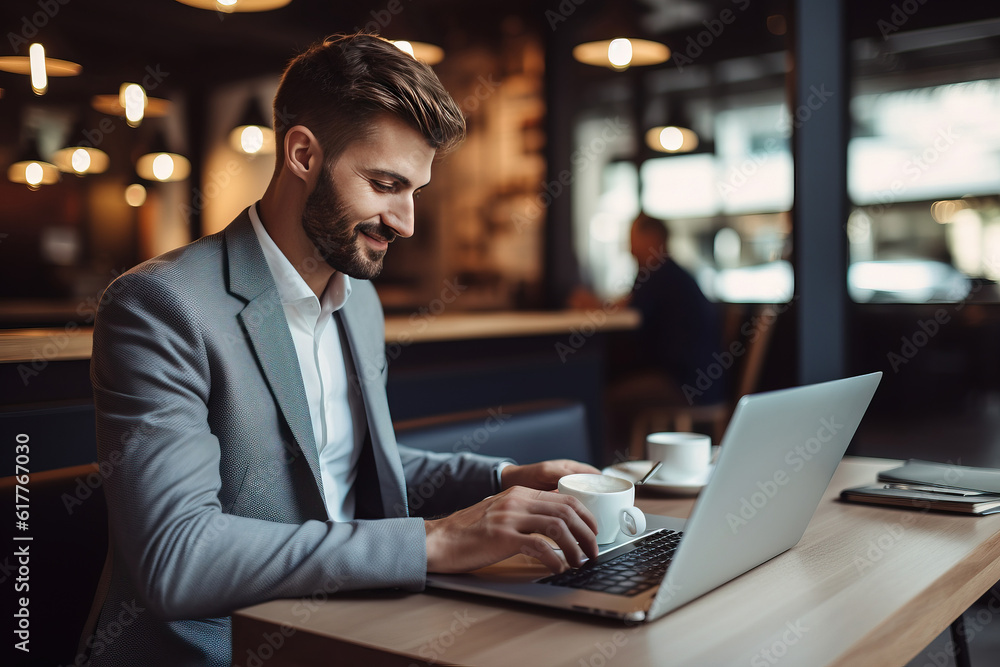 Businessman using laptop in coffee shop. Generative AI Businessman using laptop in coffee shop. Generative AI
