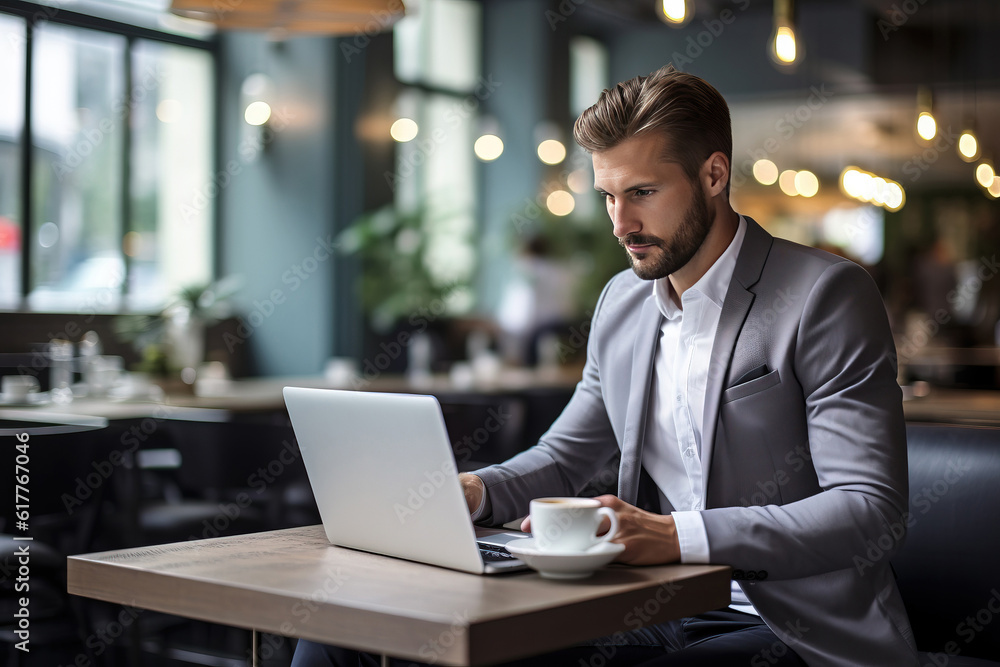 Businessman using laptop in coffee shop. Generative AI Businessman using laptop in coffee shop. Generative AI