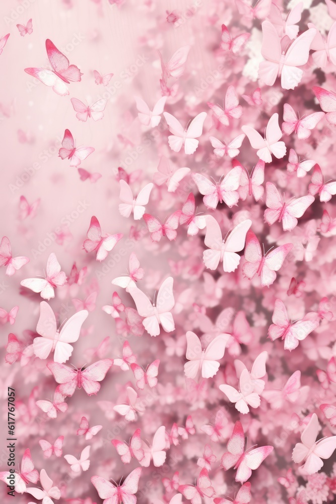 Fototapeta premium Pink butterflies and flowers on pink background, created using generative ai technology