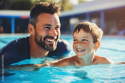 Candid capture of a young boy with an adult swimming . Generative AI