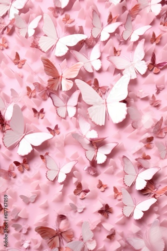 Full frame of pink butterflies on pink background, created using generative ai technology