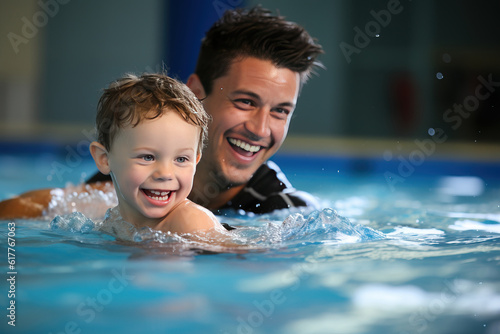 Candid capture of a young boy with an adult swimming . Generative AI