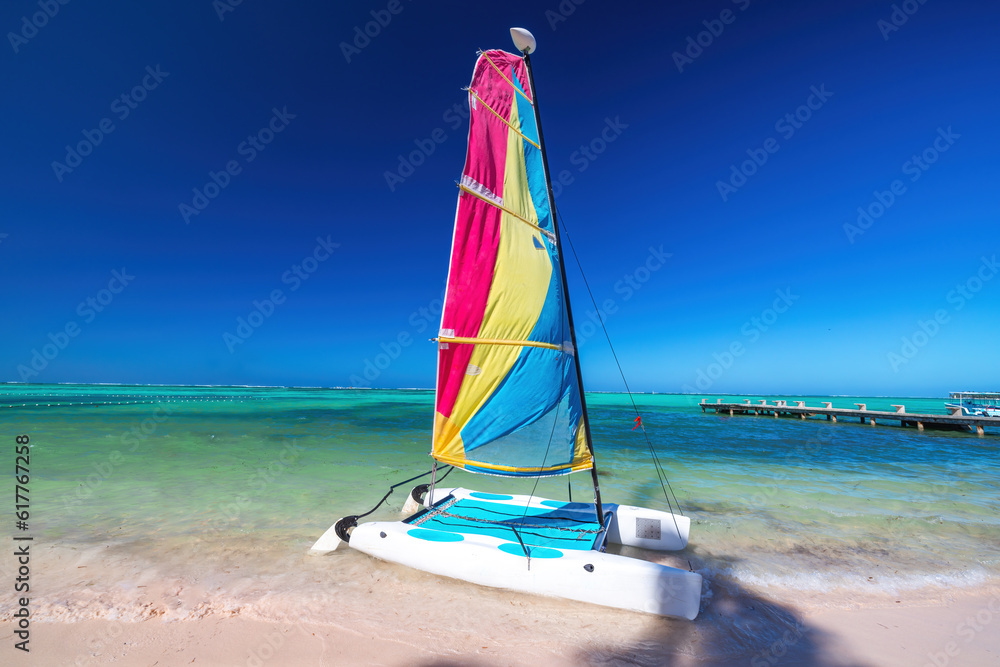 Naklejka premium Color catamaran sailboat, windsurf, kayak, and parasailing summer water activities on tropical island beach and caribbean sea shore