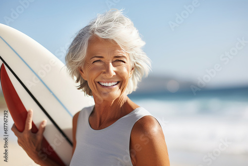 Close up portrait of mature senior woman with surf board. Generative AI