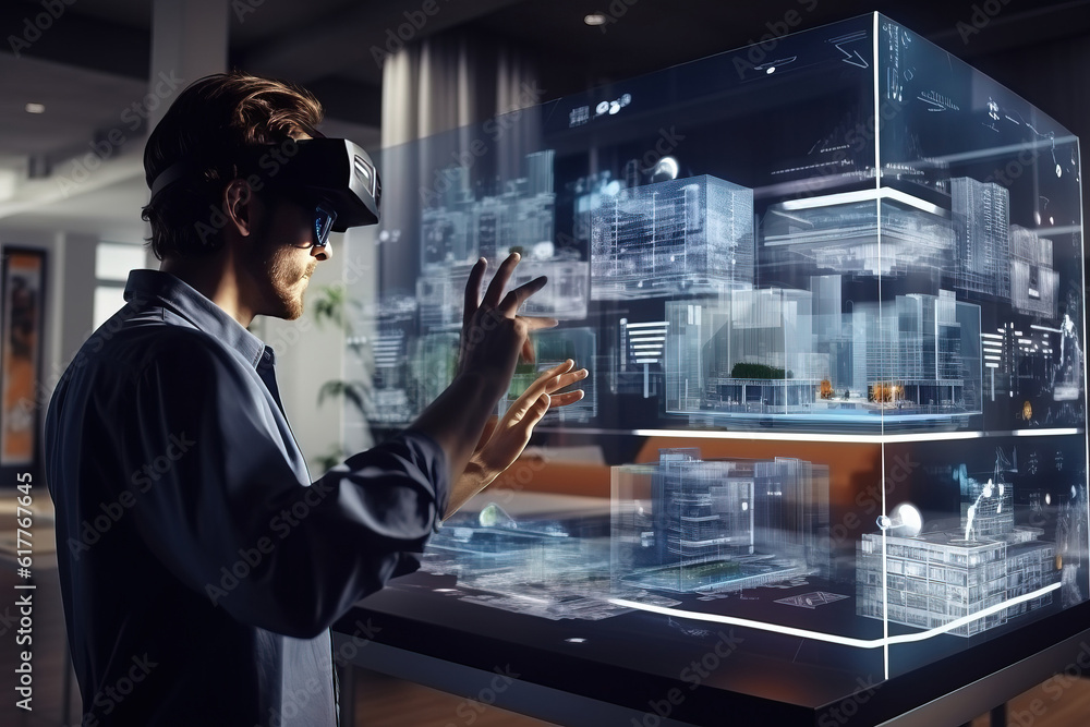 Futuristic Architectural Engineer Wearing Augmented Reality Headset, Uses Gestures to Create 3D Graphics VFX Model of a Building with Infographics. Generative AI