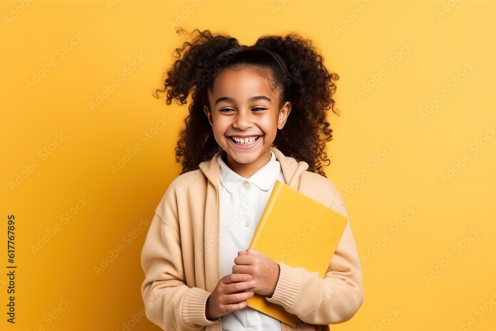 Happy ethnic schoolgirl laughing with book on yellow studio background.. Generative AI Happy ethnic schoolgirl laughing with book on yellow studio background.. Generative AI