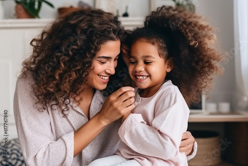 Happy ethnic family. African american mom brushing her daughter. Generative AI
