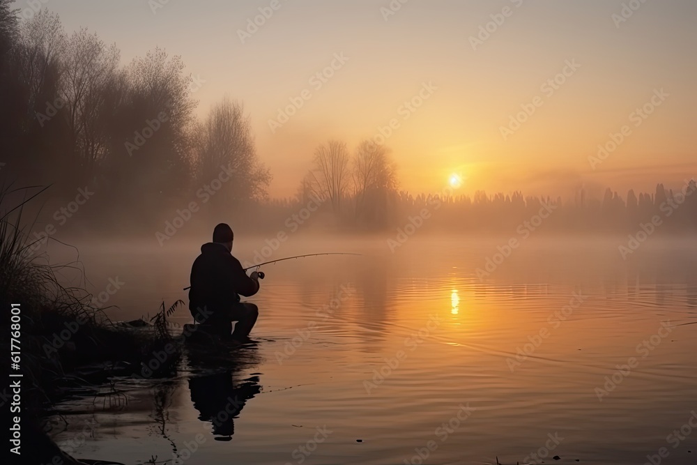 Fisherman with a fishing rod on the river bank. Sunrise, fog on the background of the lake.