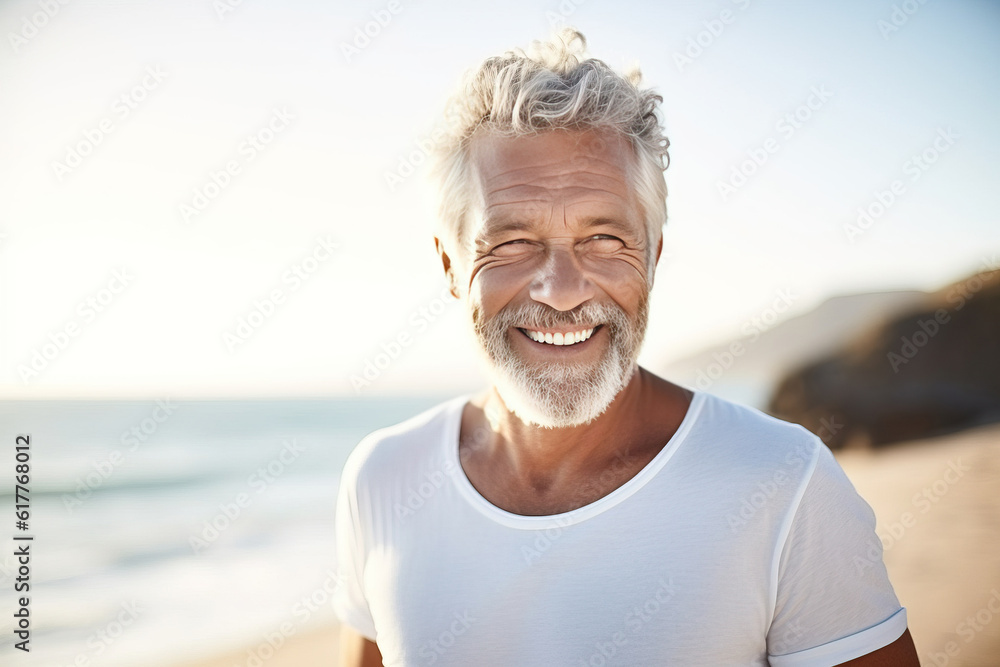 Happy mature senior man on beach coast . Generative AI Happy mature senior man on beach coast . Generative AI