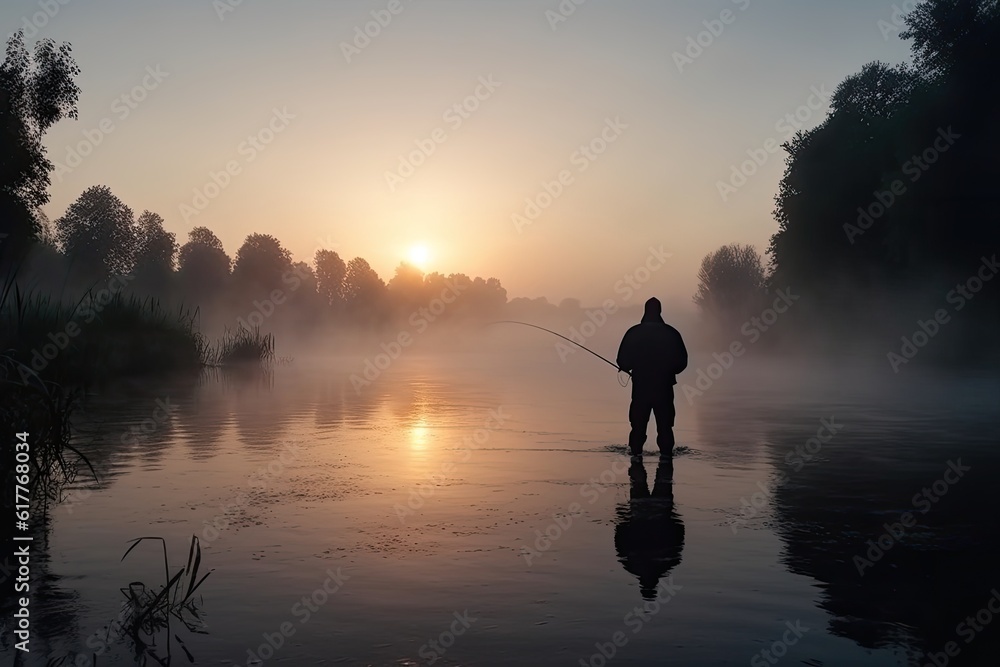 A fisherman with a fishing rod on the lake catches fish, foggy morning.