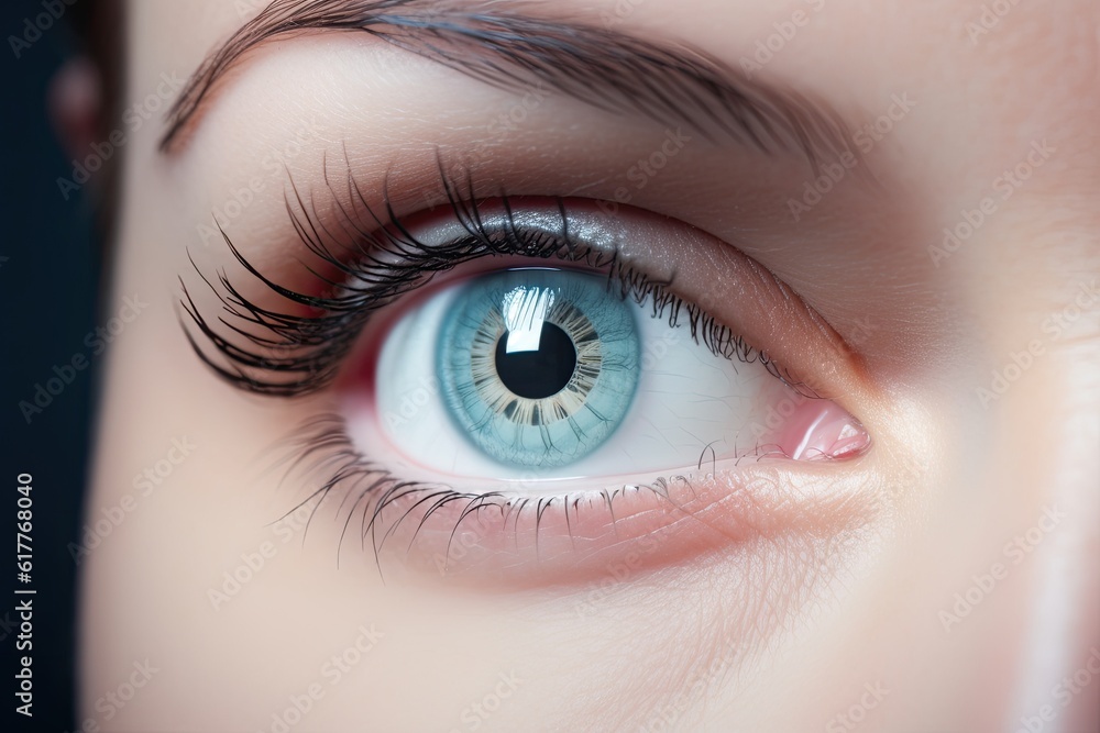 Obraz premium Beautiful female eye close-up with a blue contact lens.