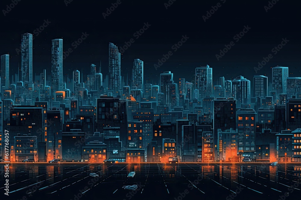 Night big city with big buildings in blue-orange colors. Pixel art.