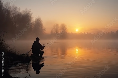 Fisherman with a fishing rod on the river bank. Sunrise  fog on the background of the lake.