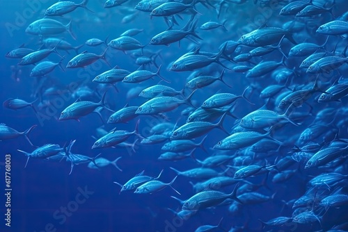 Illustration of a large school of fish in blue water, marine ecosystem.