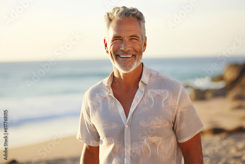 Happy mature senior man on beach coast . Generative AI