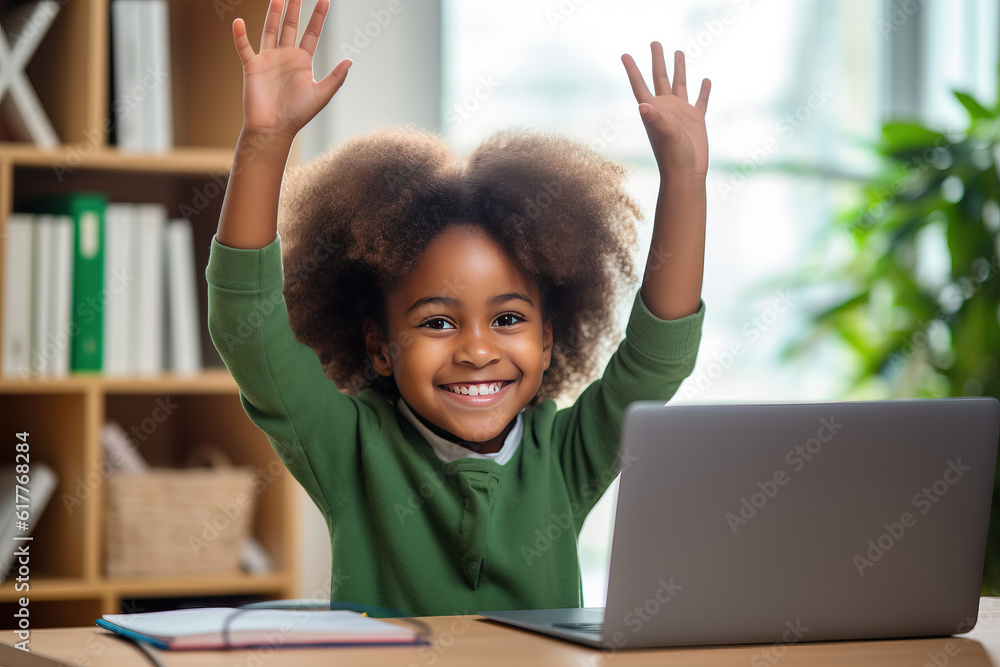 Little african american school girl raising hands up with excitement ...