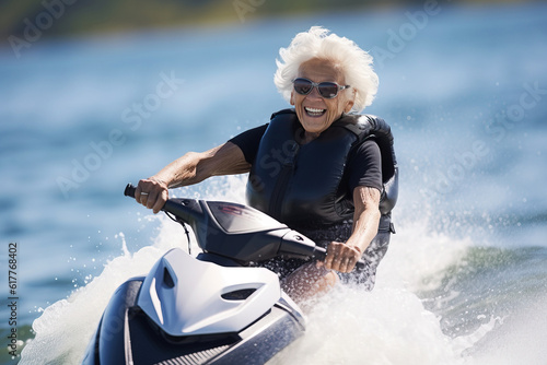 Mature senior female on jet ski.. Generative AI © wolfhound911