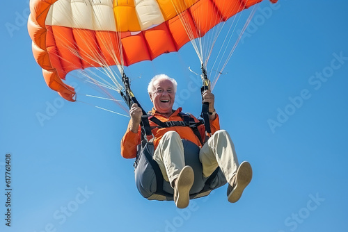 Mature senior male on a parachute.. Generative AI