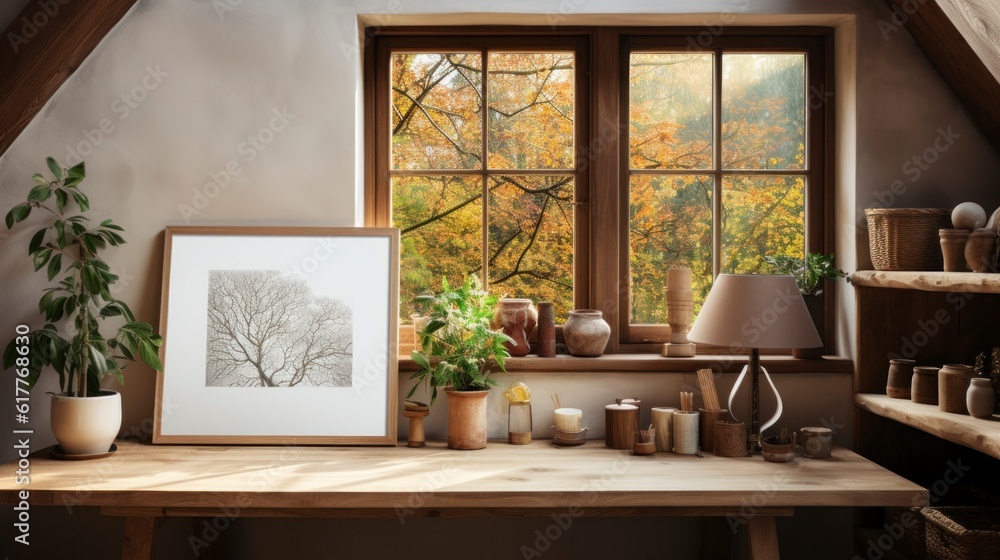 Poster mock up in home interior background, home office, Scandi-boho style, 3d render. Created with generative ai. Poster mock up in home interior background, home office, Scandi-boho style, 3d render. Created with generative ai.