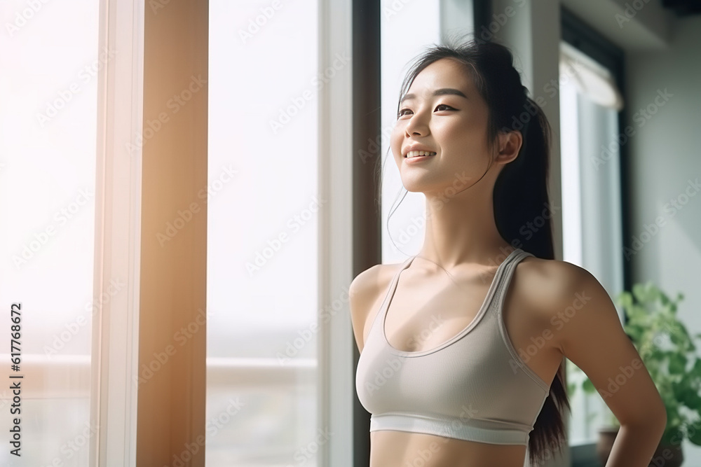 A Beautiful Athletic Asian Woman Does ABS Crunches. Generative AI