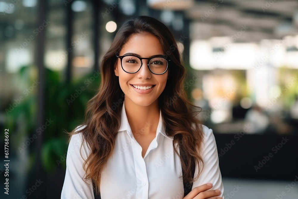 Portrait of a Beautiful Latin Female Wearing Smart Corporate Shirt and Glasses, Looking at Camera and Smiling. Businesswoman, Information Technology. Generative AI Portrait of a Beautiful Latin Female Wearing Smart Corporate Shirt and Glasses, Looking at Camera and Smiling. Businesswoman, Information Technology. Generative AI