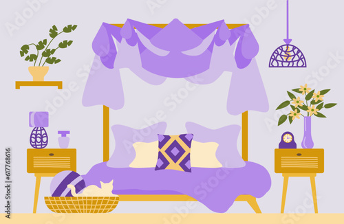 Bedroom interior with a large four-poster bed in lavender tones and boho-style furniture Vector illustration in a flat hand-drawn style. Eco-friendly interior