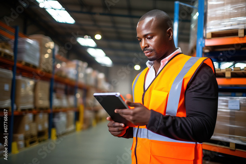 Engineer worker using digital tablet for checking in factory. Generative AI